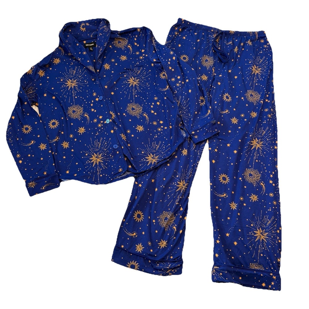 Celestial Pajama Set Women's Med Blue Room Service Shawl Collar Lounge Star Moon